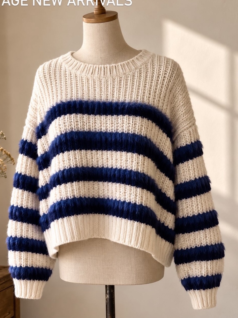 It’s Our Time Oversized Cream & Blue Fuzzy Striped Knit Sweater - Size Large
